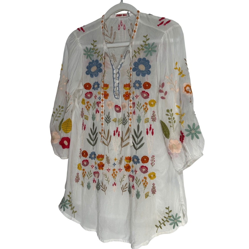 Johnny Was Mikah Tunic White Embroidered Floral Size XS Retail: $210